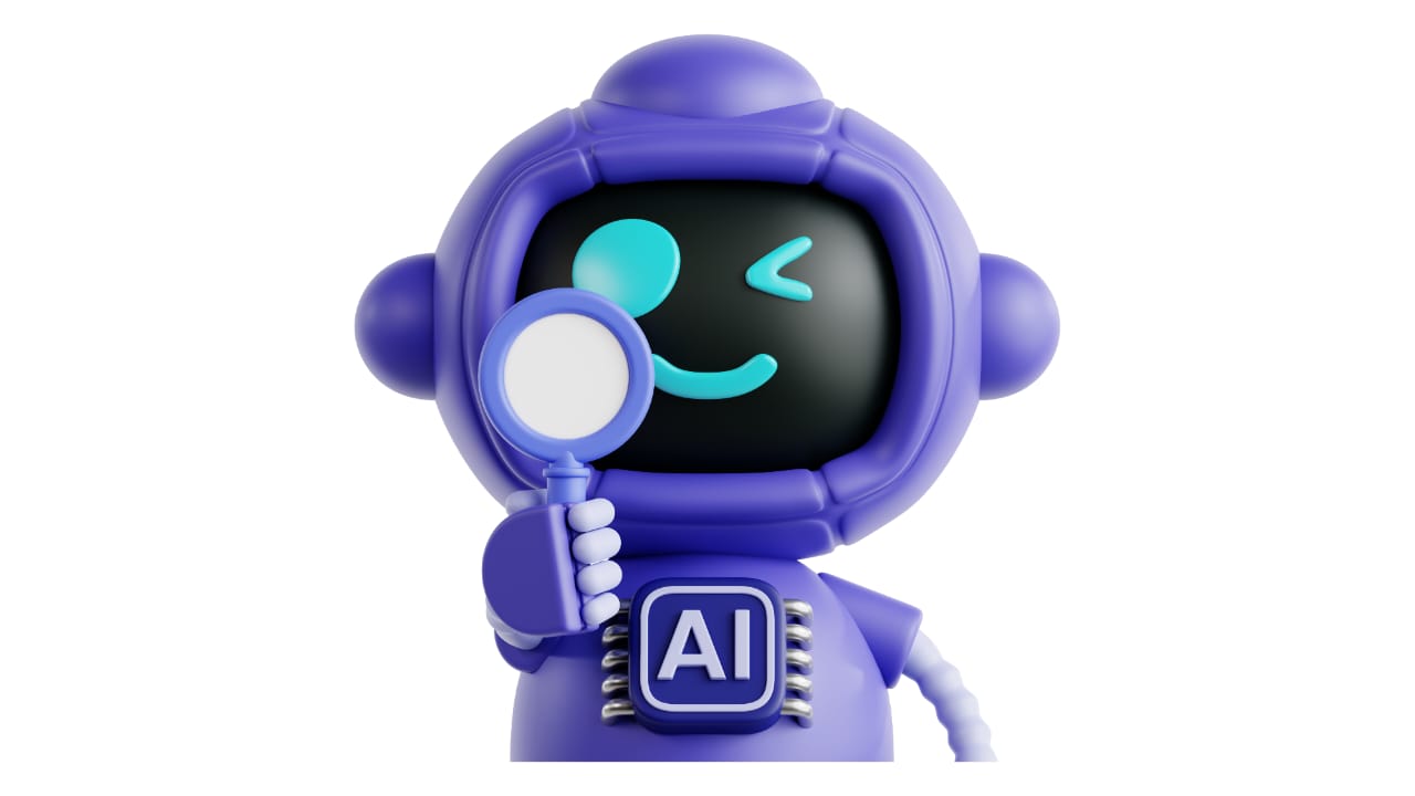 Purple AI robot with magnifying glass for analysis
